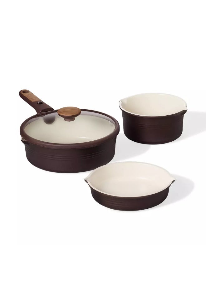 كاروت طقم أواني كاروت 24 قطع سيراميك غير لاصق بمقابض قابلة للفصل، خالٍ من PFAS لطهي صحي، تصميم قابل للتكديس مع فتحات صب، متوافق مع جميع المواقد وآمن لغسالة الصحون (شوكولاتة) - Image 3